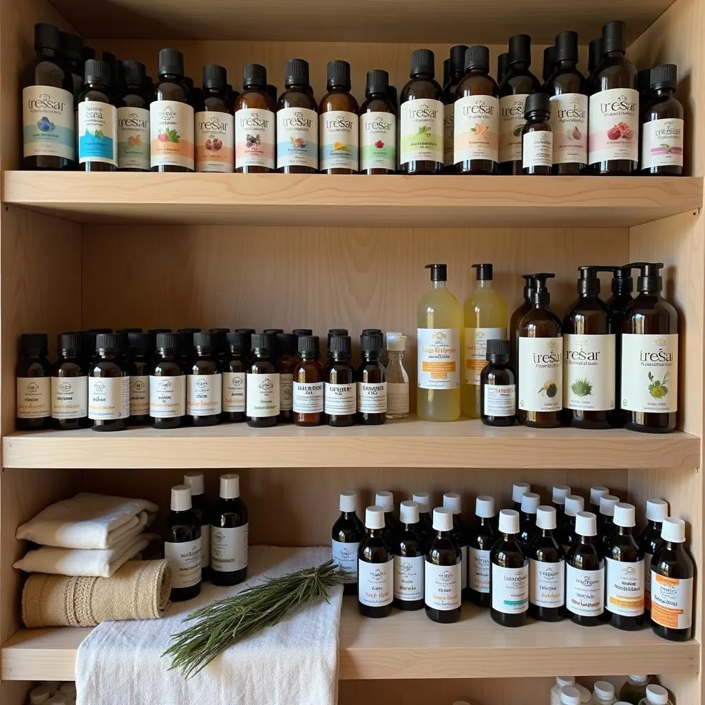 A variety of massage oils and products displayed on a shelf