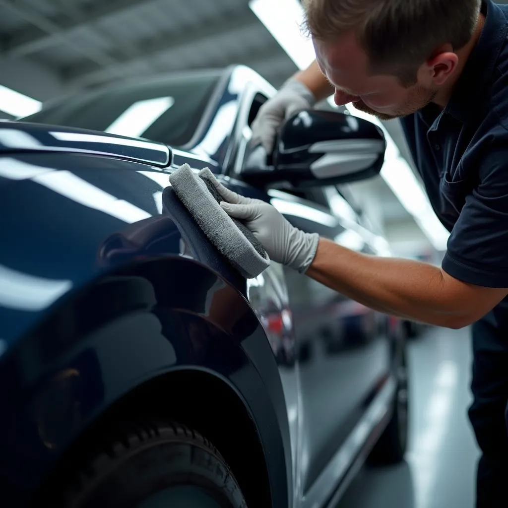 Skilled technician applying ceramic coating to a car's exterior in an American auto spa