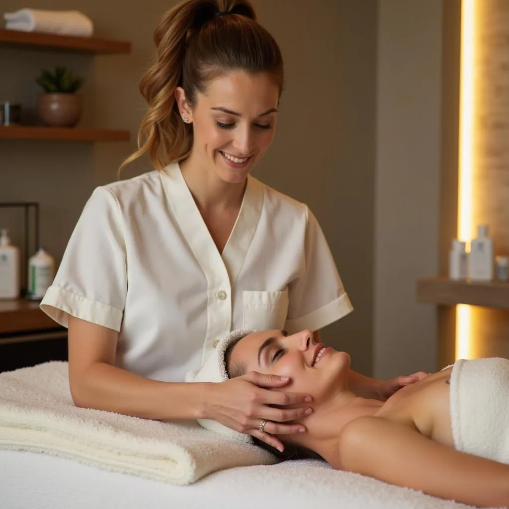 Professional spa therapist performing a relaxing massage treatment on a client