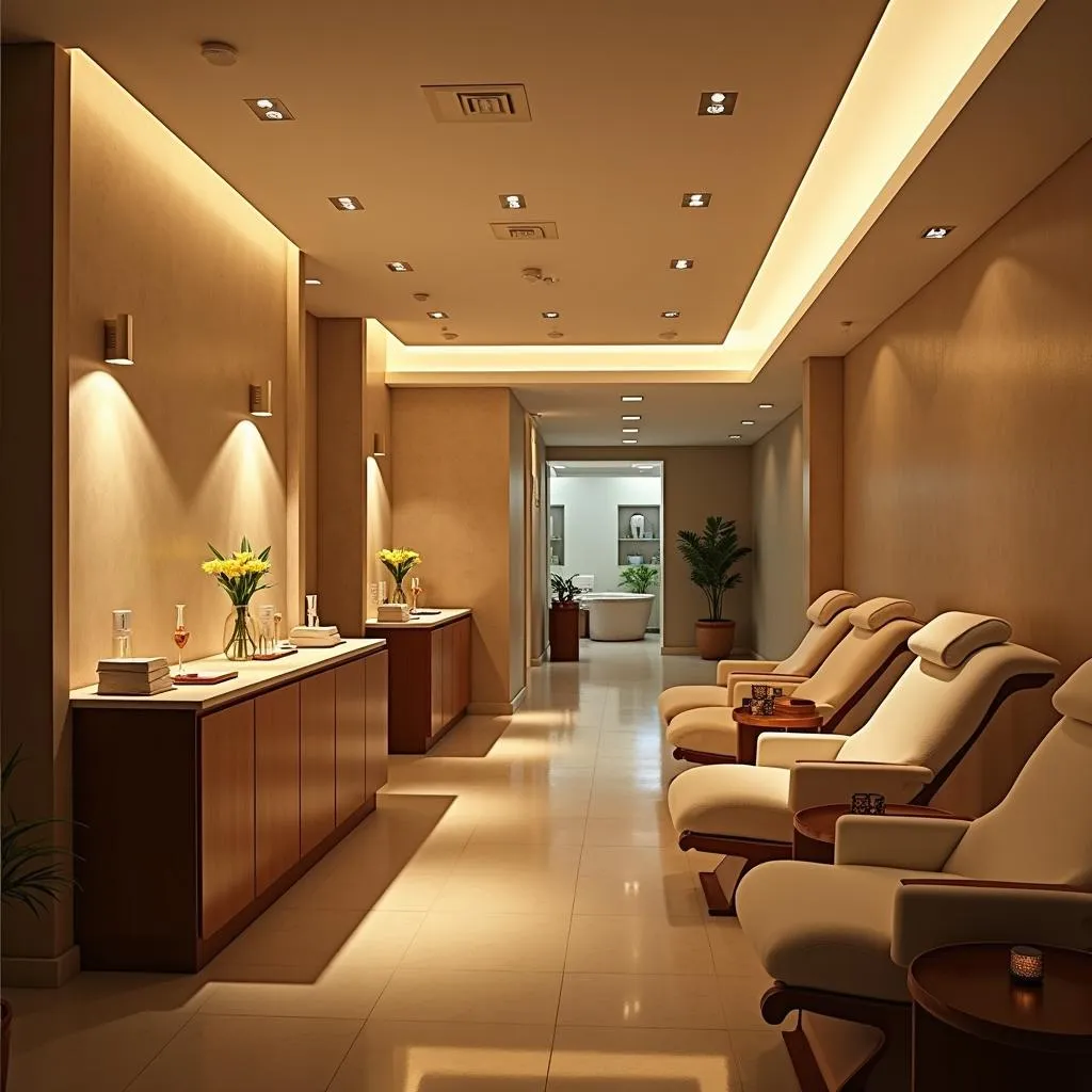 Serene spa interior with soft lighting and comfortable chairs