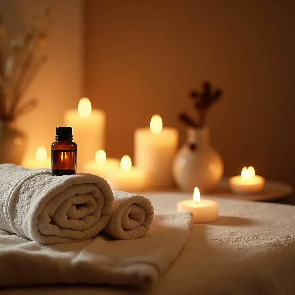 A beautifully arranged spa treatment room with soft lighting, essential oils, and neatly folded towels.