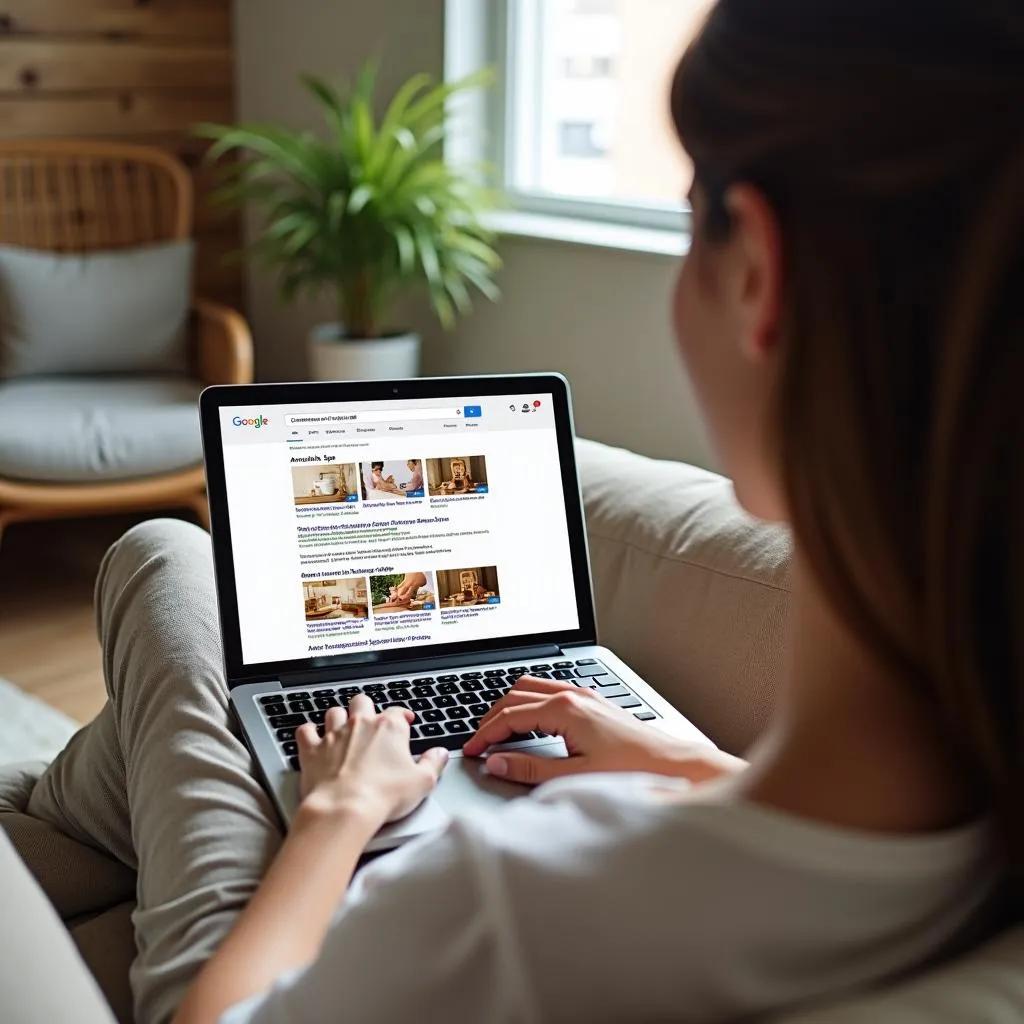 Woman searching "Anushka Spa address" on her laptop