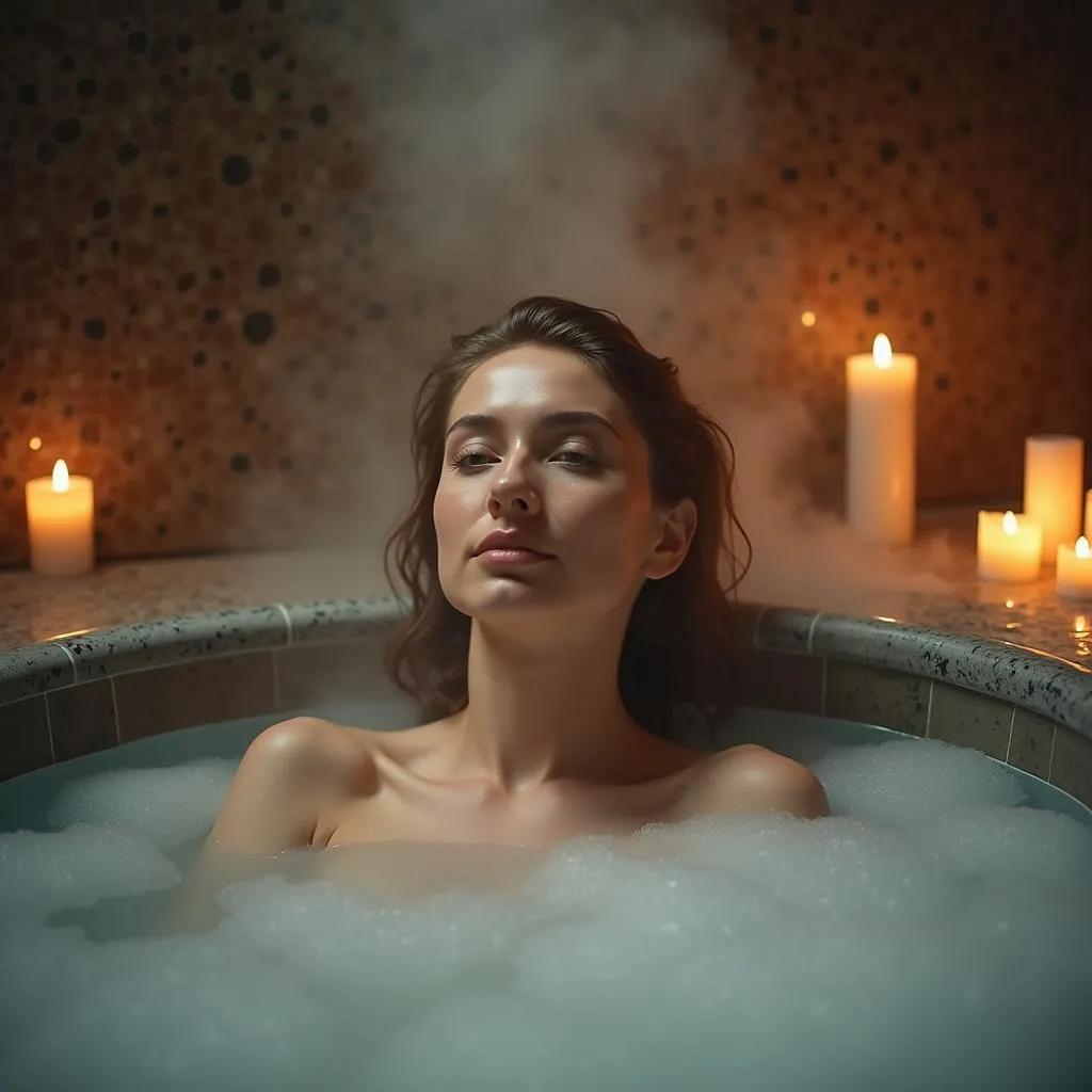 Serene Woman Relaxing in Spa Whirlpool with Steam and Candles