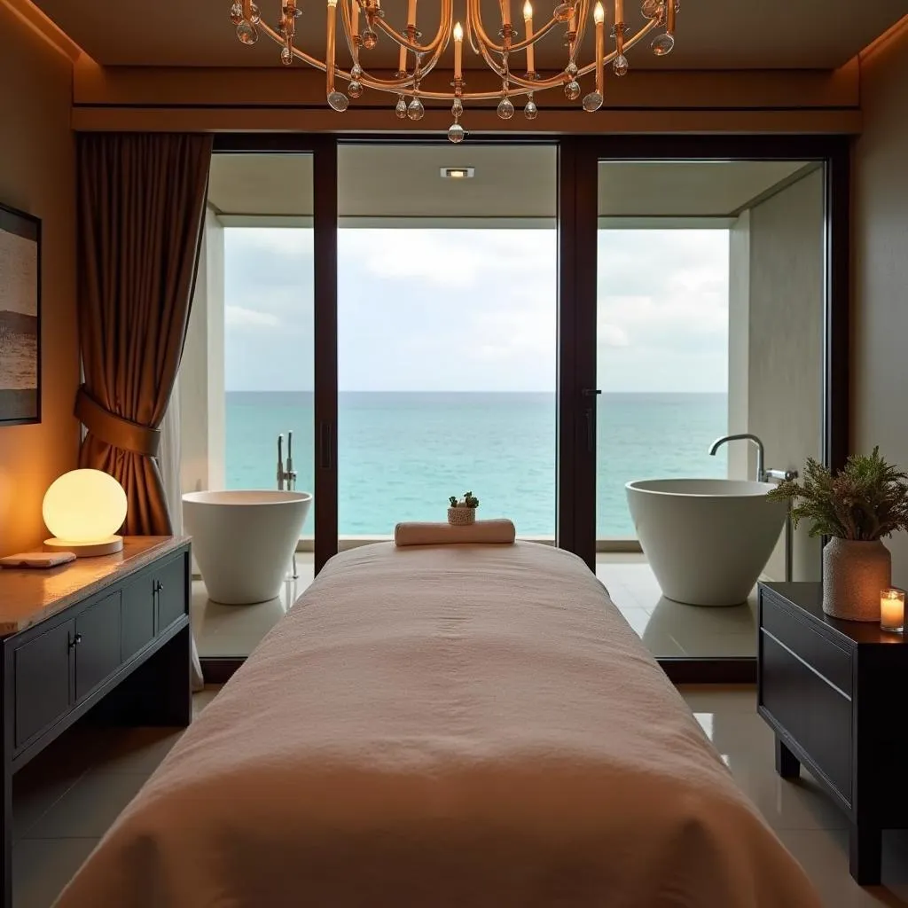 Luxurious spa treatment room with ocean view