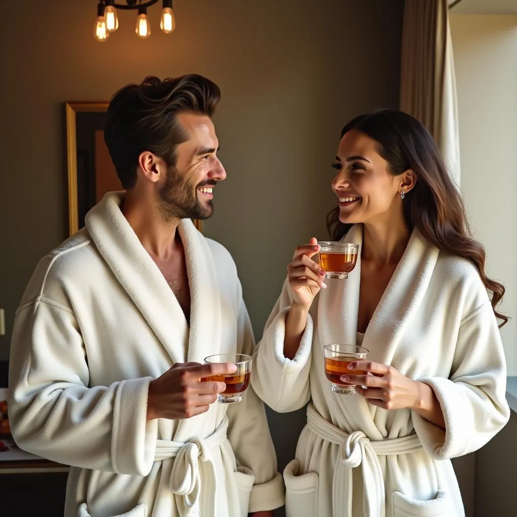 Clients relaxing in robes at a spa