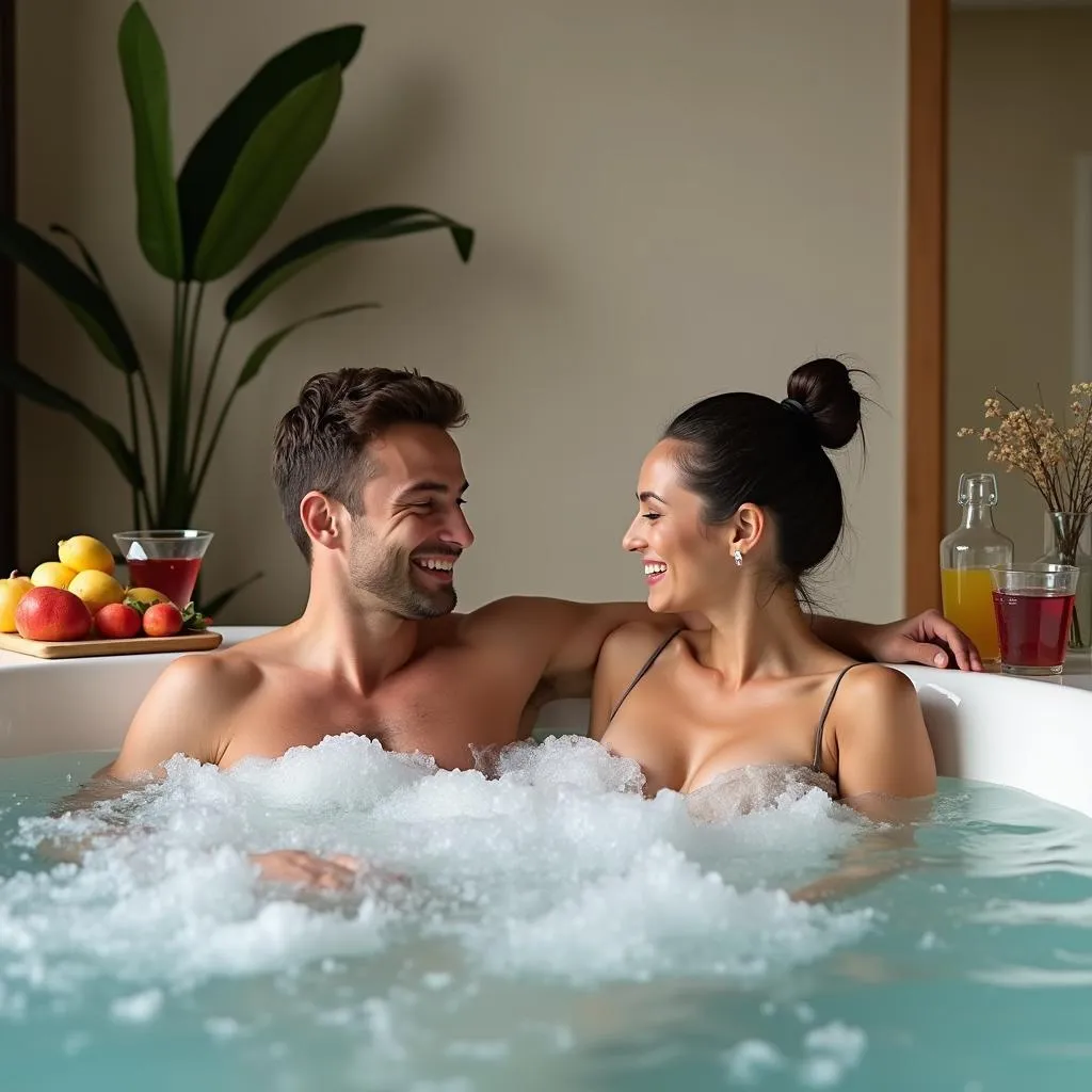 Couple enjoying a relaxing spa day in Pune with jacuzzi and refreshments