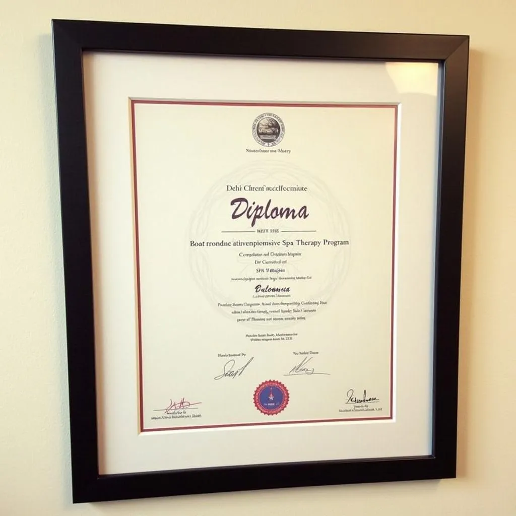 A framed diploma certificate for a spa therapy program.