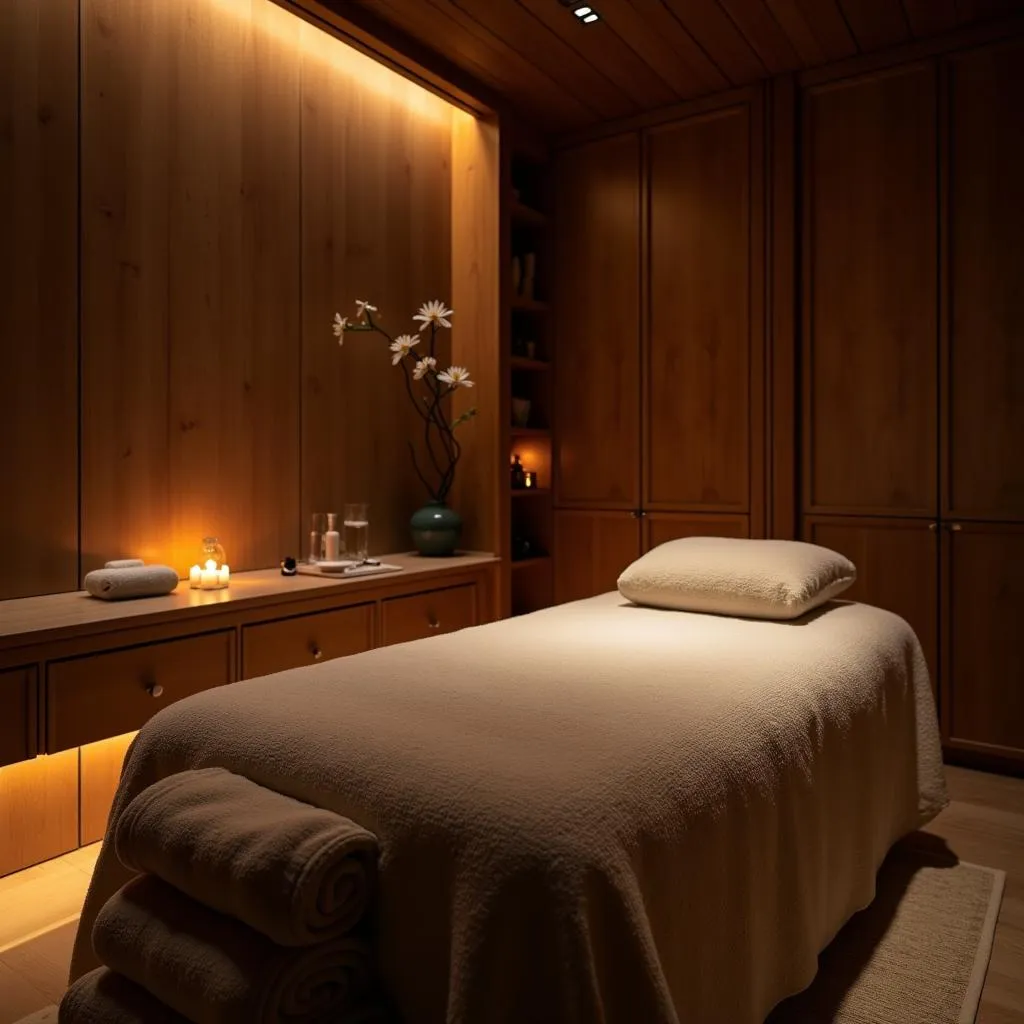 Serene spa treatment room with soft lighting and natural elements