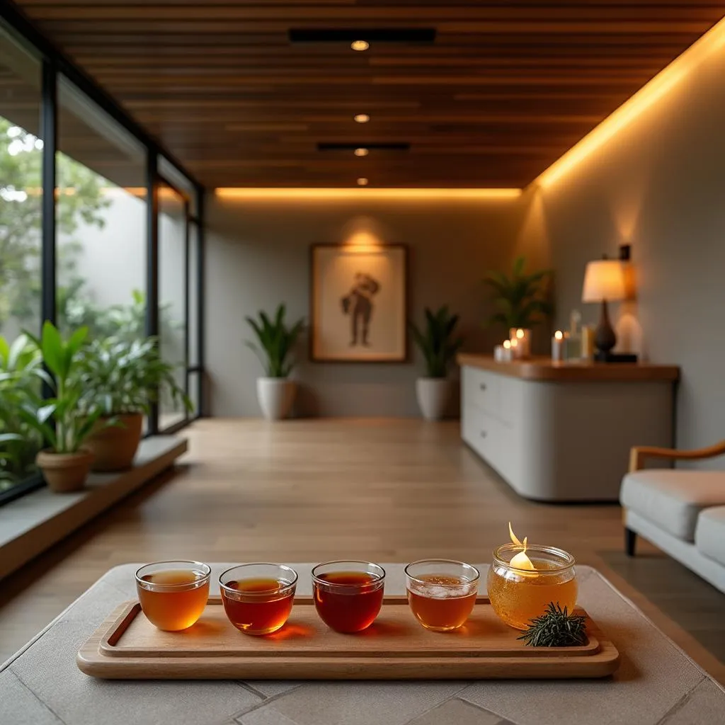 Urban Thai spa reception area with herbal tea selection