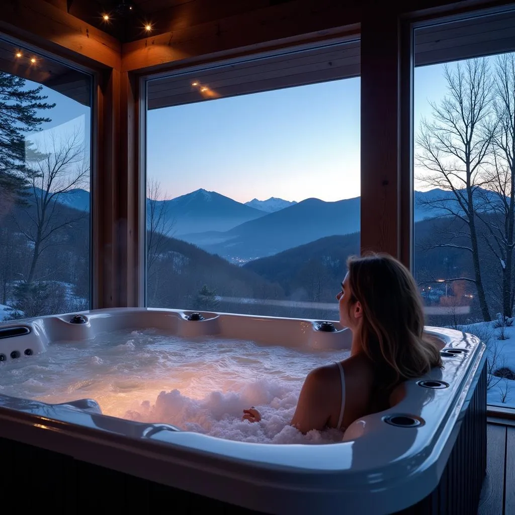 Outdoor hot tub overlooking a mountain view at a Vermont resort and spa