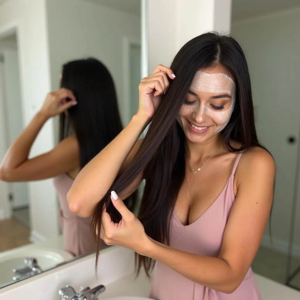 Woman with long, dark hair applying a hair mask in her bathroom