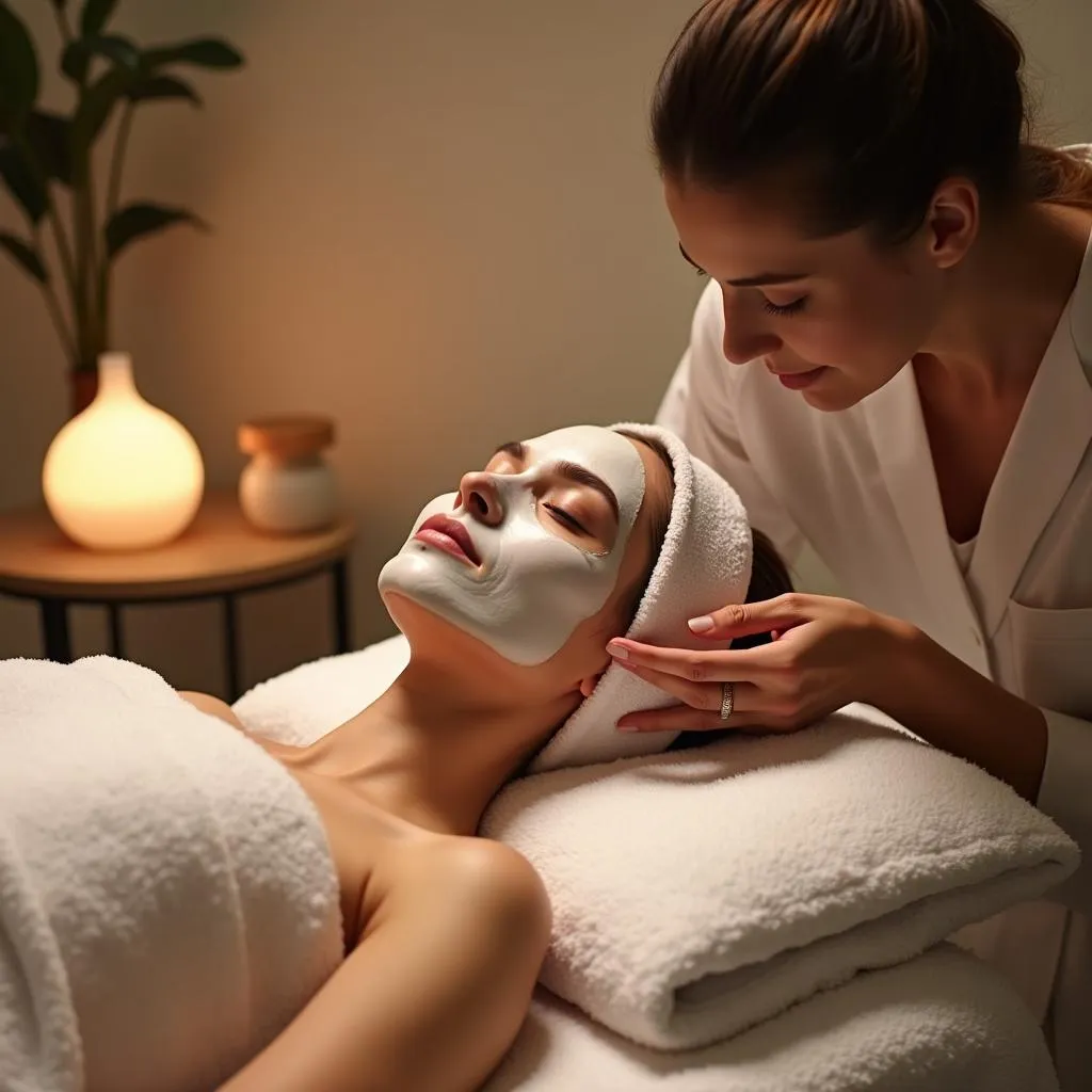 Woman experiencing a relaxing facial treatment at a scent salon spa