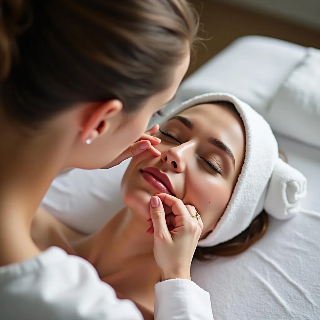 Close-up of a woman receiving a facial treatment at a spa