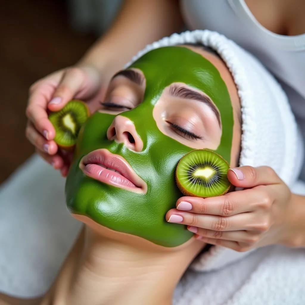 Woman Getting a Kiwi Facial Treatment