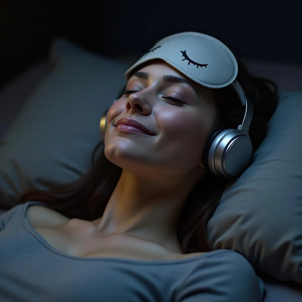 A woman wearing headphones lies with her eyes closed on a bed with a sleep mask on her forehead.