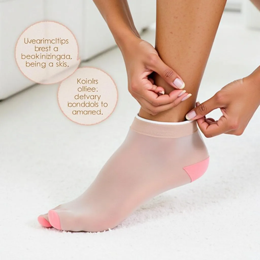 Woman putting on spa gel socks for foot care