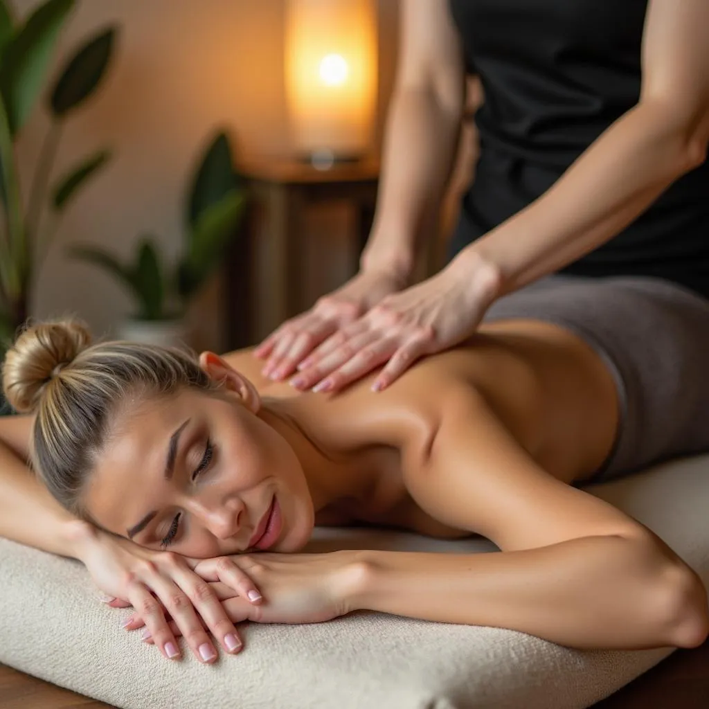 Woman receiving a relaxing Thai massage in a spa setting