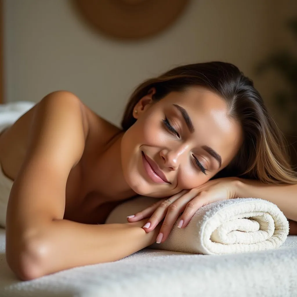 A woman smiling serenely after receiving a body to body spa treatment