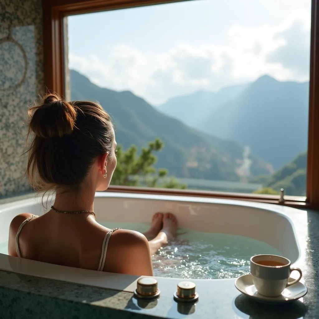 Woman Relaxing in Bath with View