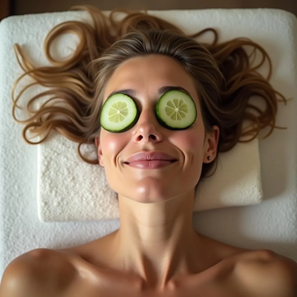 Woman relaxing in spa with cucumbers on her eyes