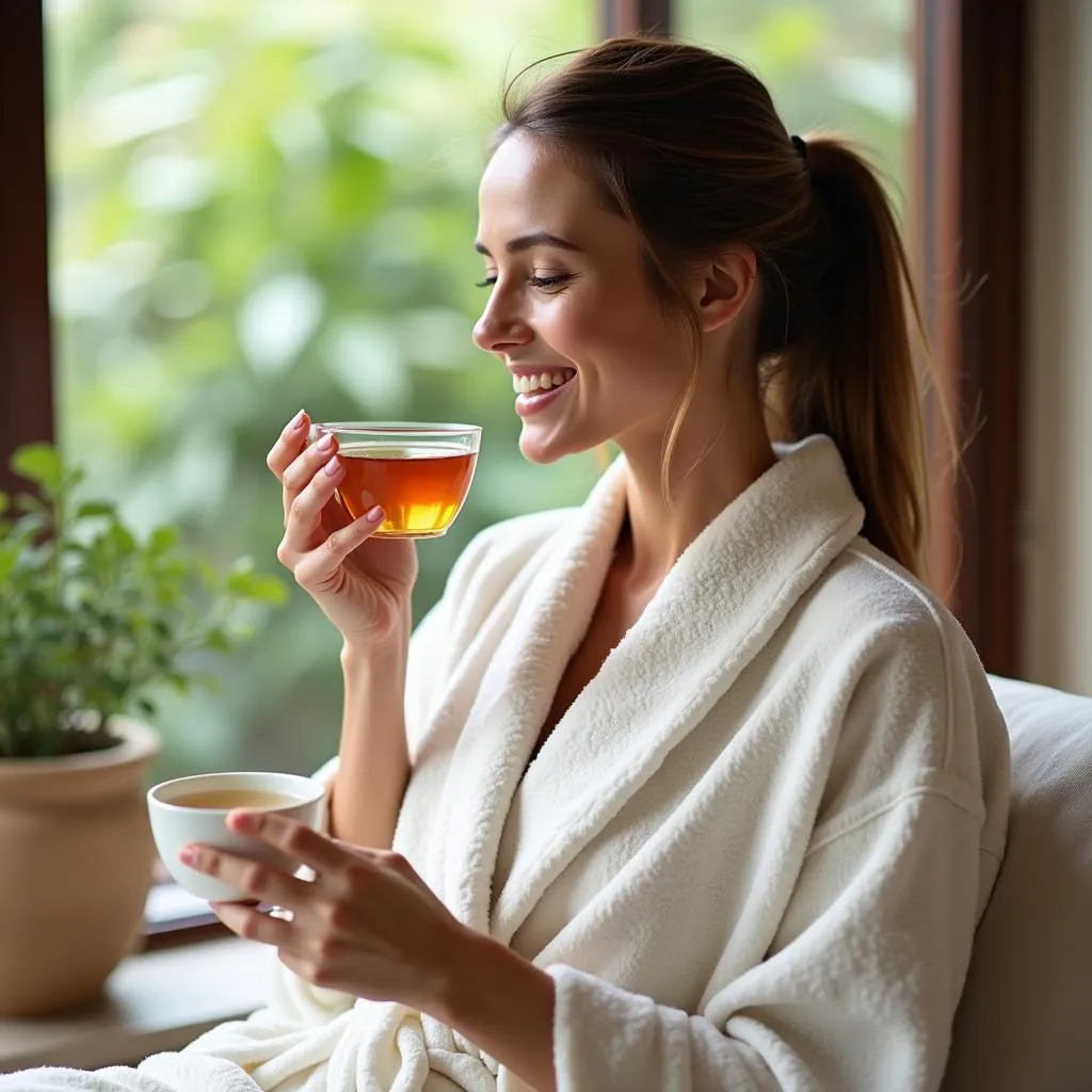 Woman relaxing in a spa robe