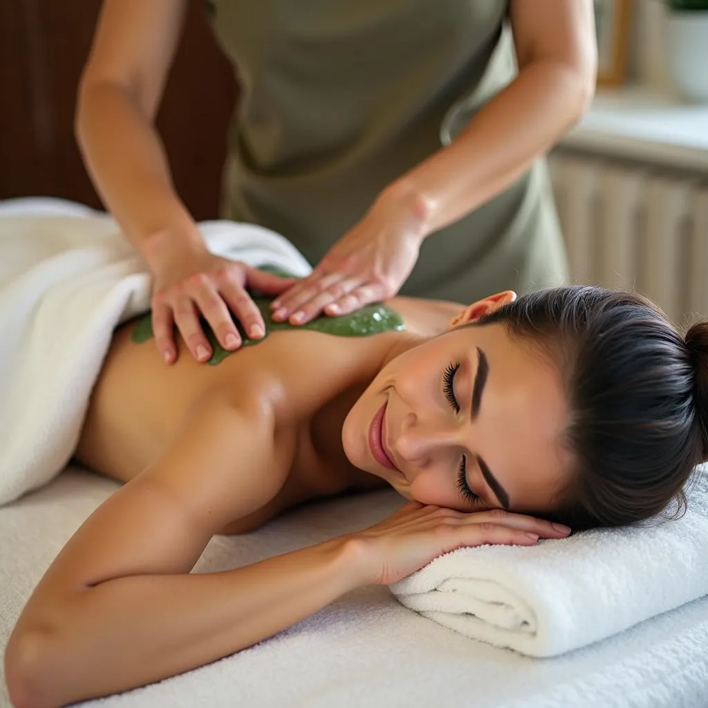 Woman relaxes peacefully while receiving an herbal compress massage