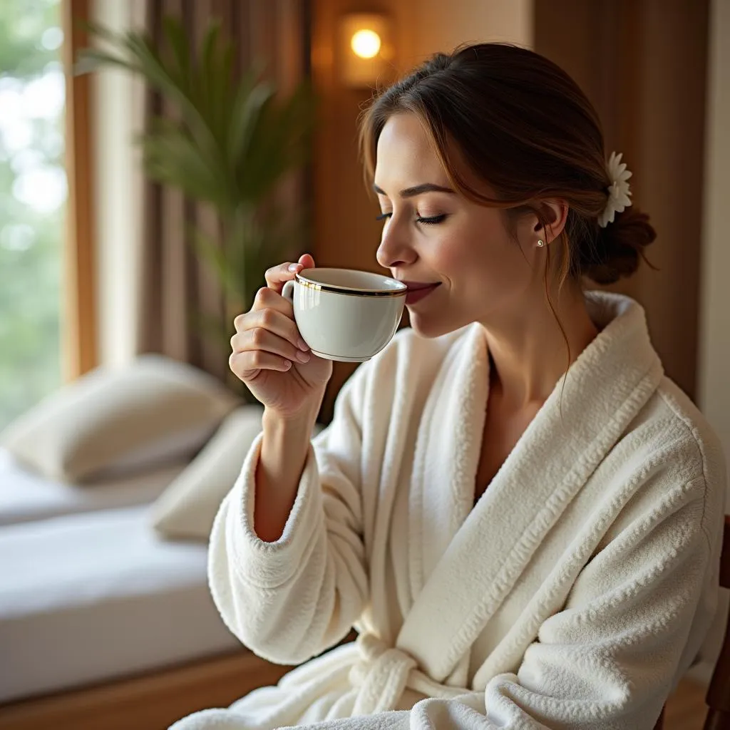 Woman Relaxing with Herbal Tea After Spa Treatment