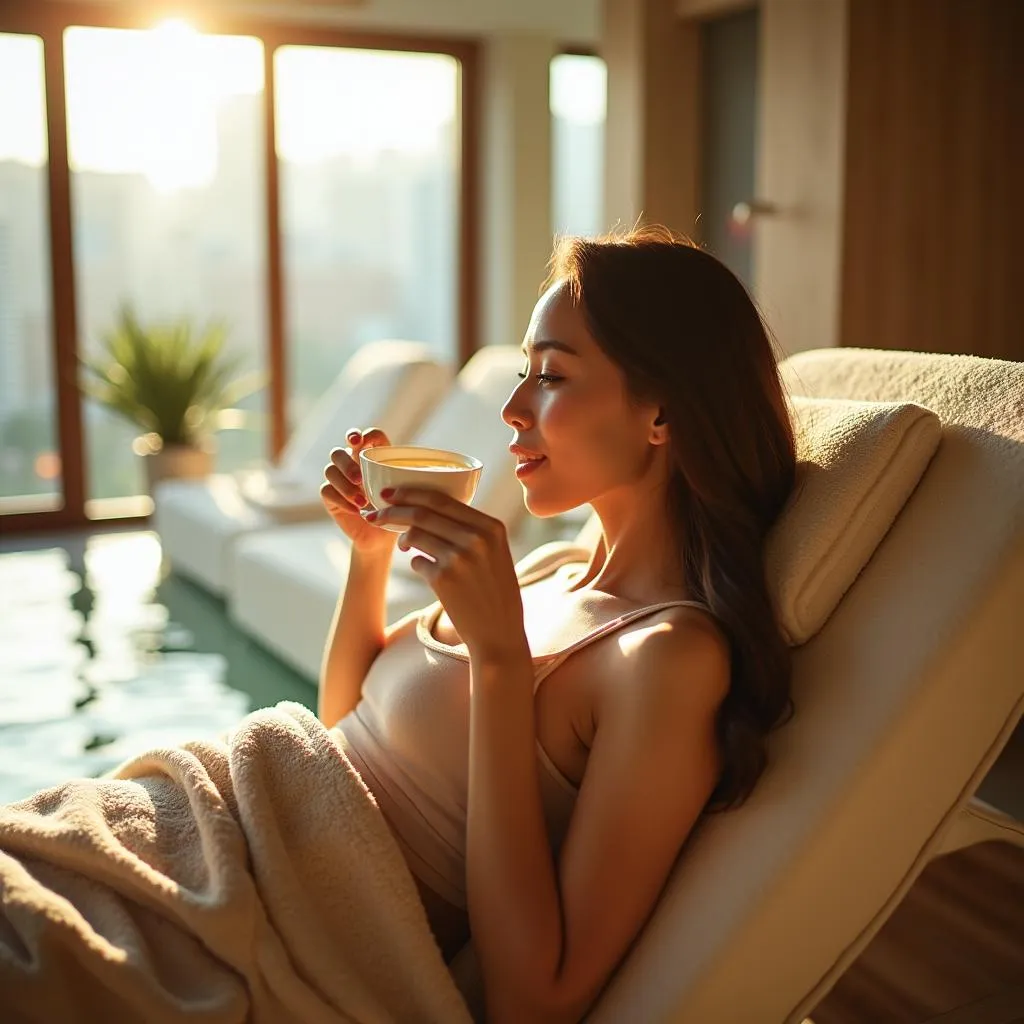 Woman Sipping Herbal Tea in Spa Lounge