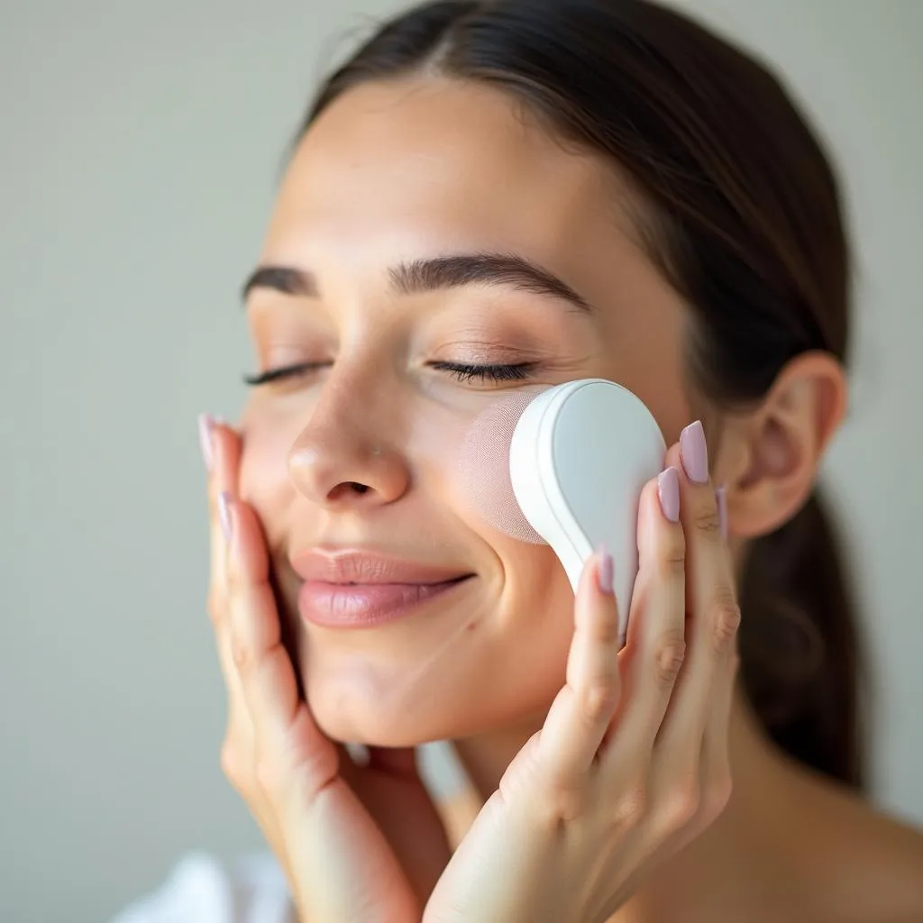 A woman relaxes while using the artistrytm essentials artistry derma spa facial massager on her cheek.