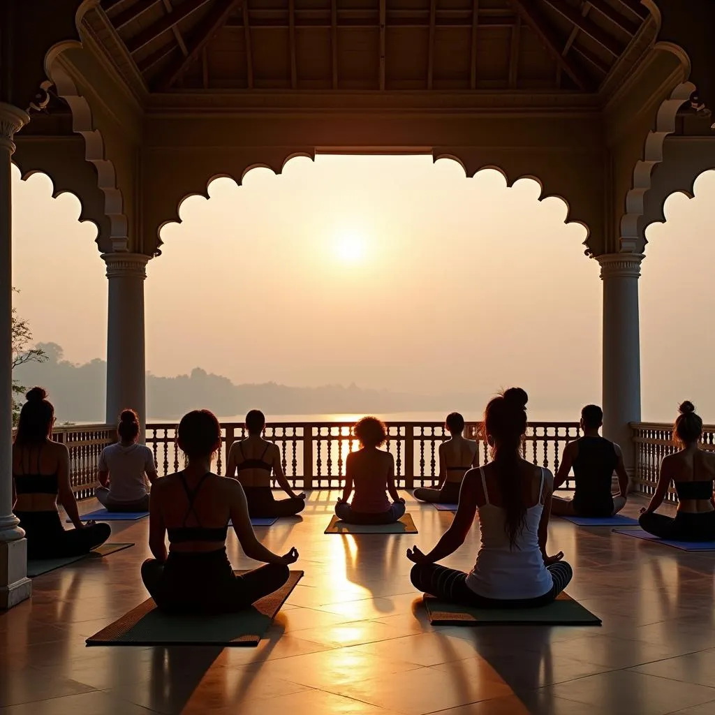 Group yoga and meditation session at a retreat in Rishikesh