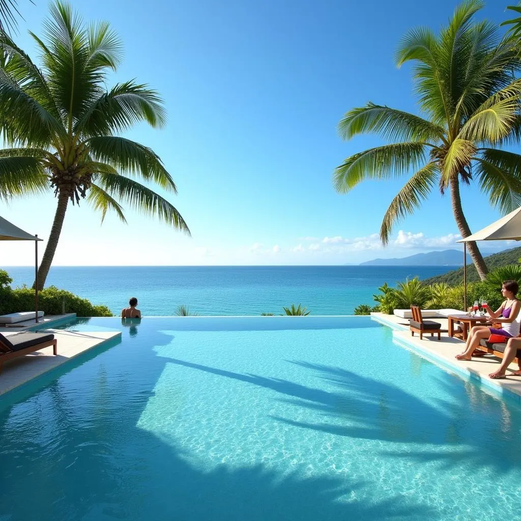 Guests relaxing by the infinity pool overlooking the ocean at Aanari Hotel Mauritius