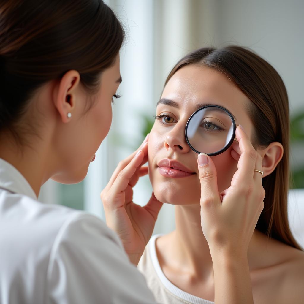 Esthetician consulting with a client about their skin