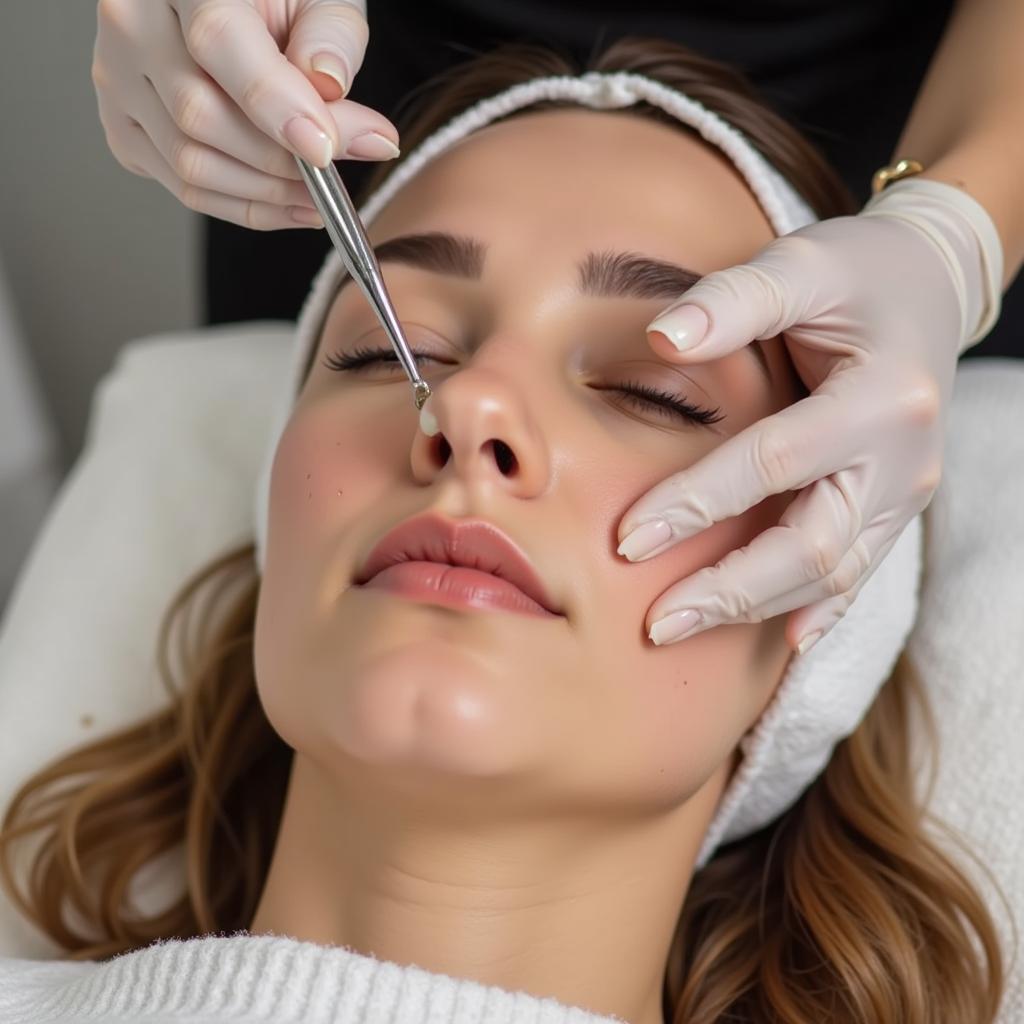 Close-up of an esthetician performing an acne facial treatment