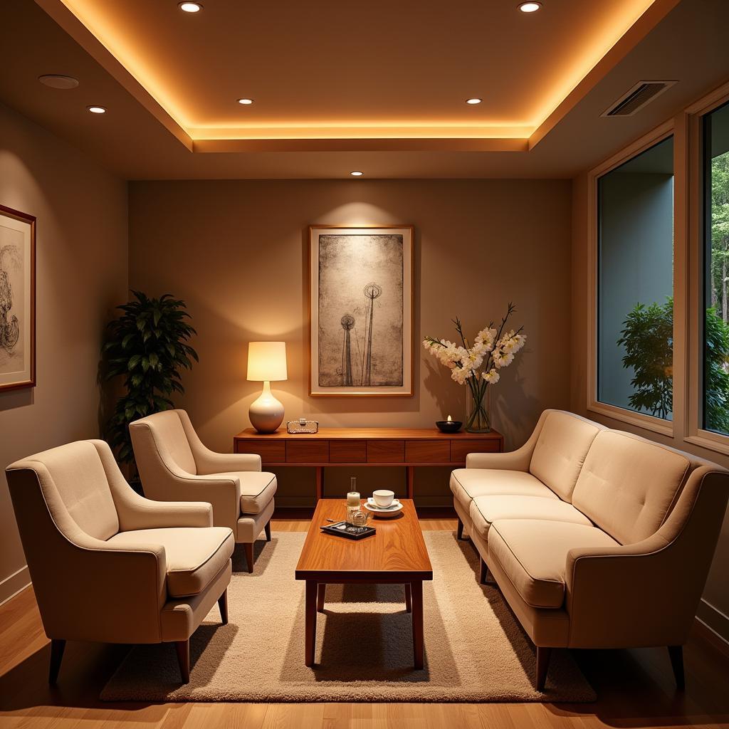 Relaxation area at Alicros Spa with comfortable seating, soft lighting, and calming decor.