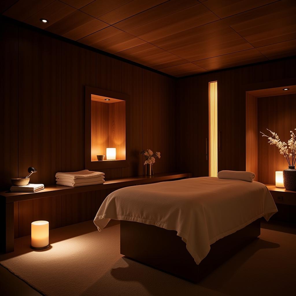 Serene and tranquil treatment room at Alicros Spa, featuring natural elements and soft lighting, designed for ultimate relaxation.