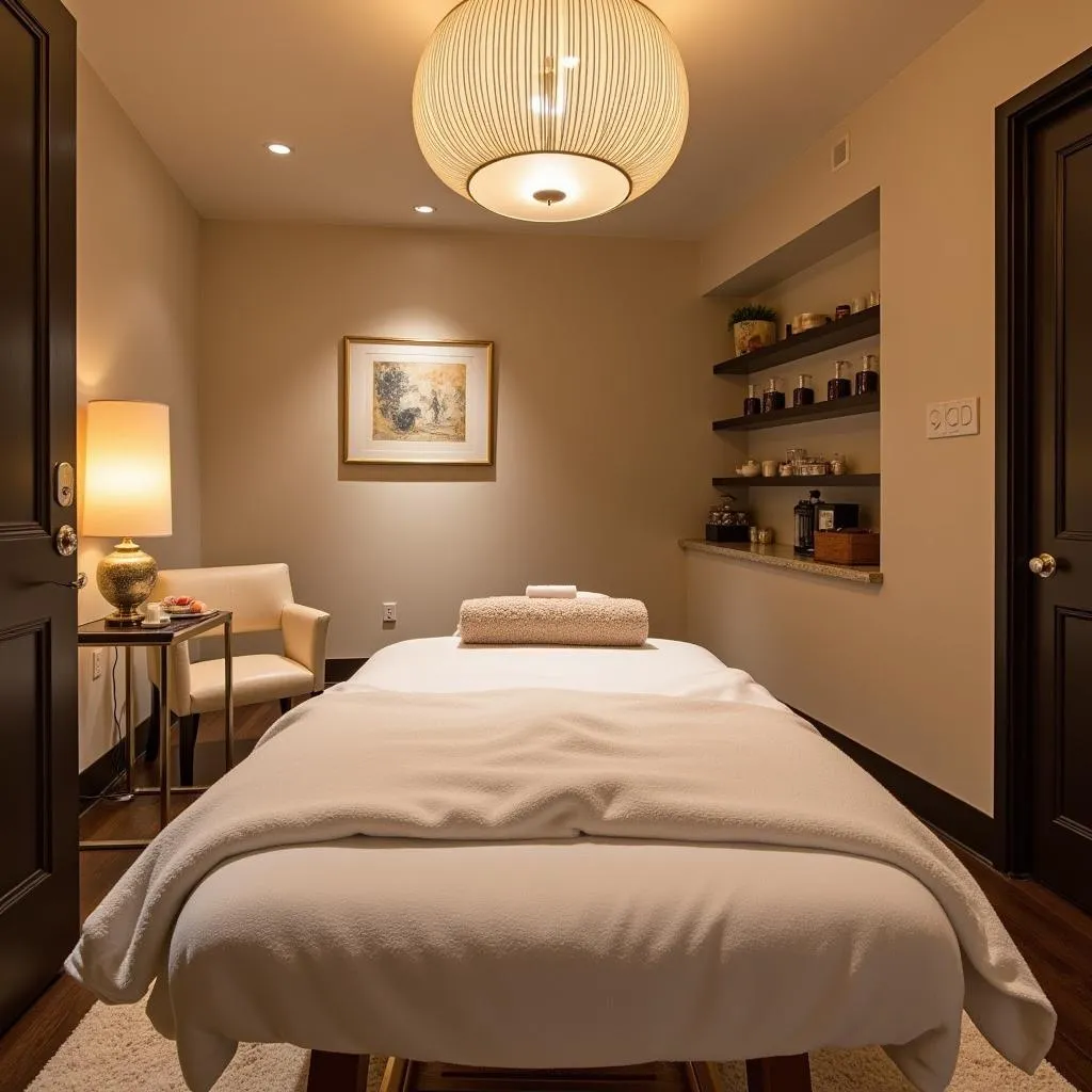 Luxurious spa body treatment room with soft lighting and inviting treatment table