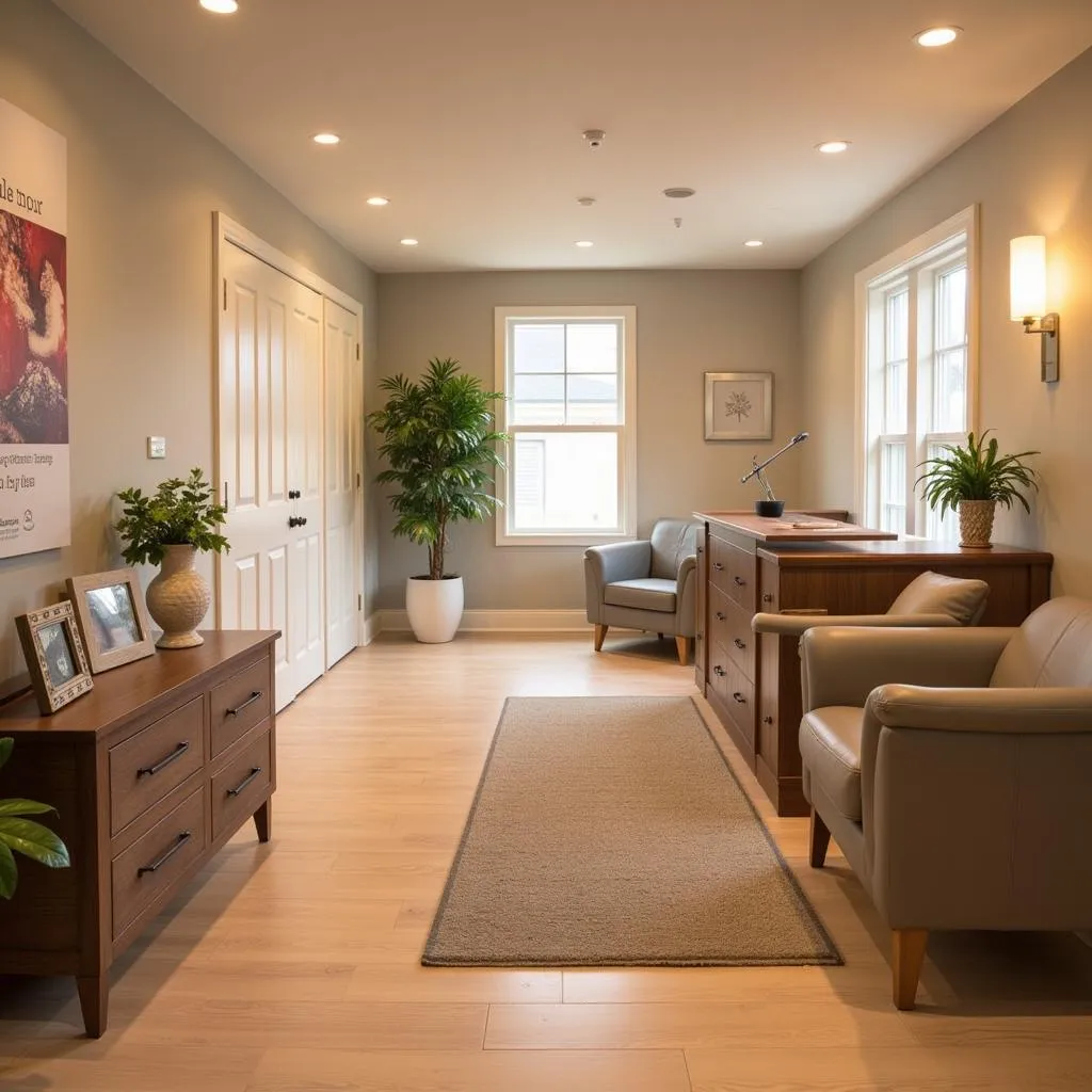 Serene spa reception area with soft lighting and calming decor