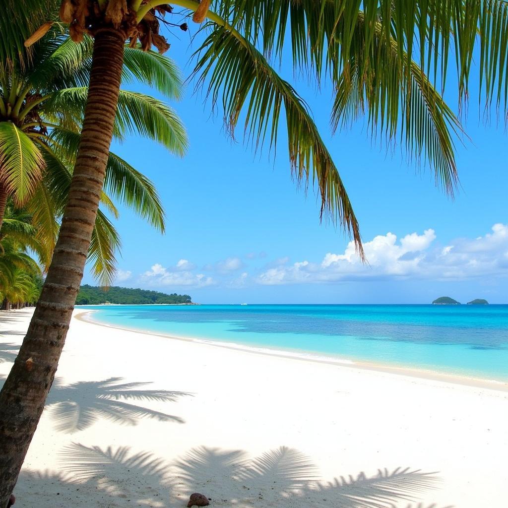 Beachfront view at Amaan Beach Bungalows in Zanzibar showing white sand, turquoise water, and palm trees