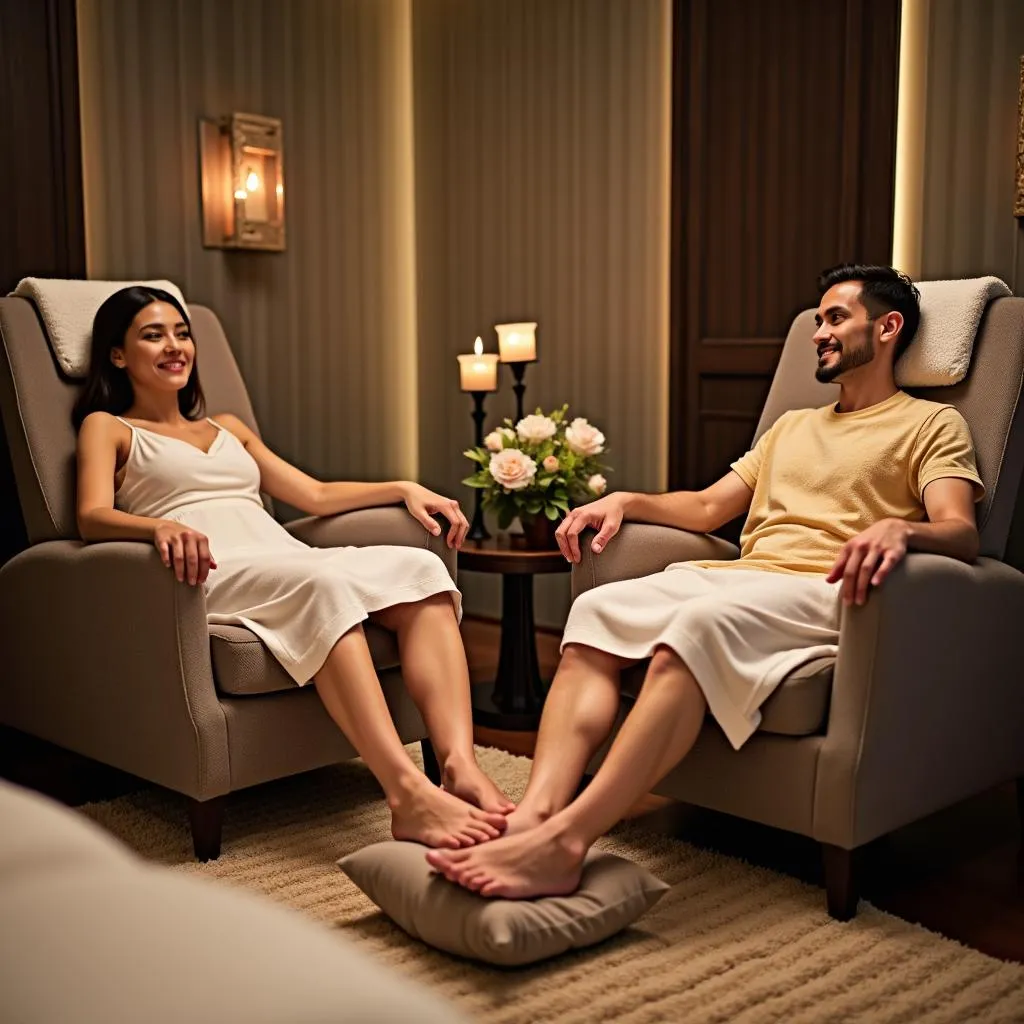 A couple enjoying a relaxing foot massage at an ample Thai spa in Banashankari