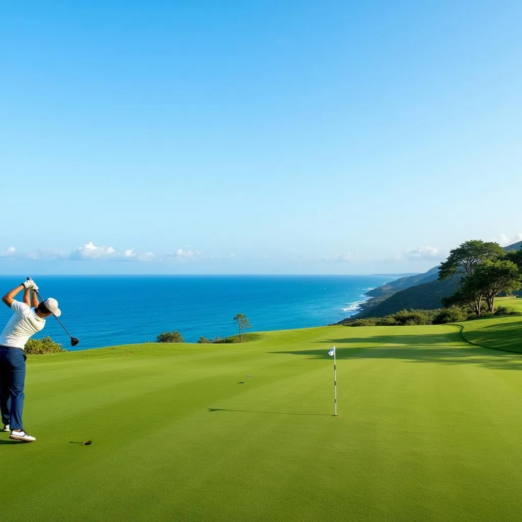 A golfer taking a shot on Anahita's stunning oceanfront golf course