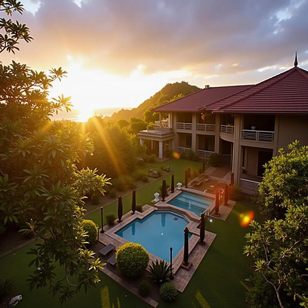 Tranquil exterior of Anini Raka Resort at sunset