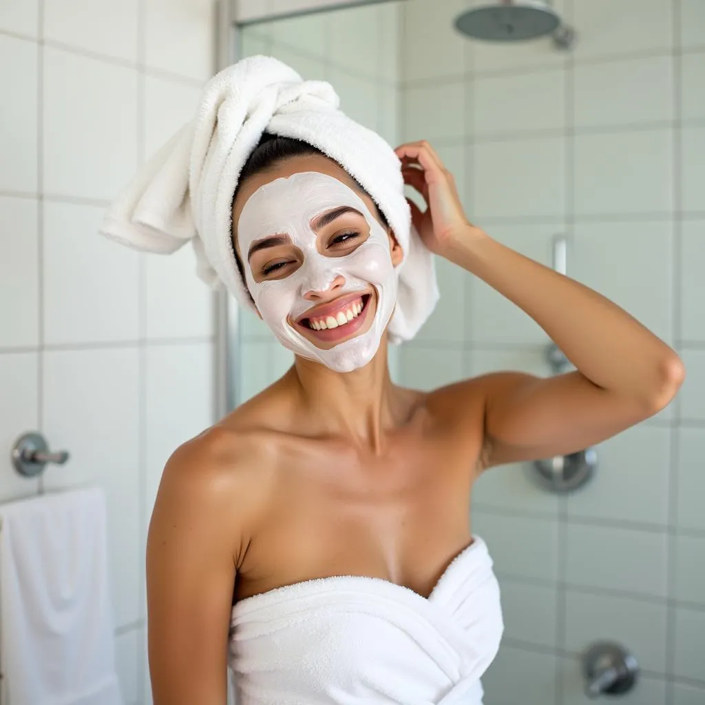 A woman applies a hair mask in her bathroom, surrounded by towels and toiletries.