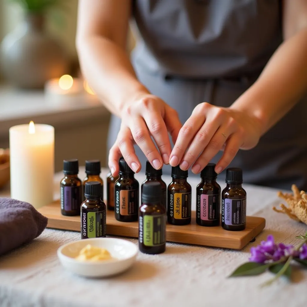 Close-up of hands holding essential oils for appui tete spa