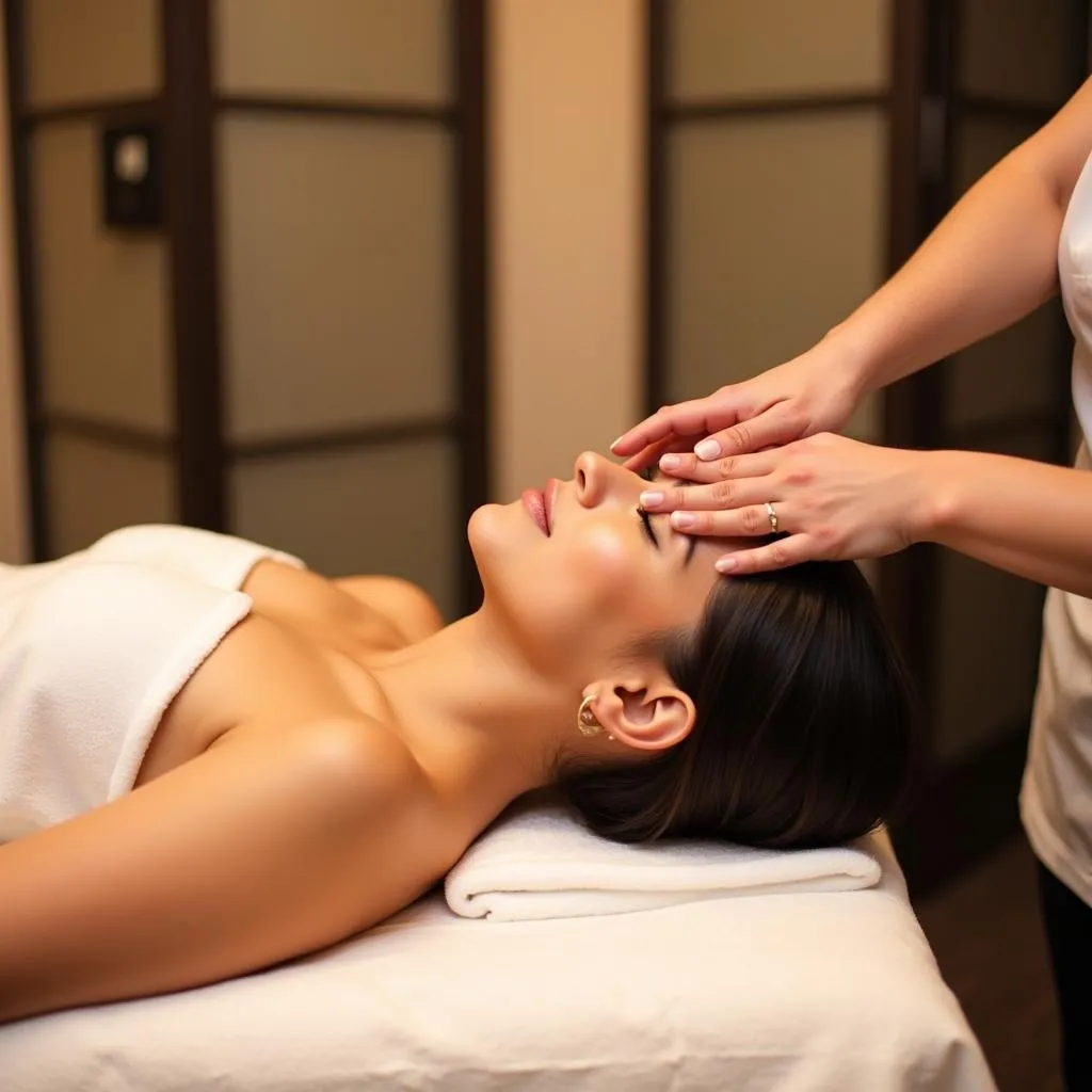 Woman receiving appui tete head massage