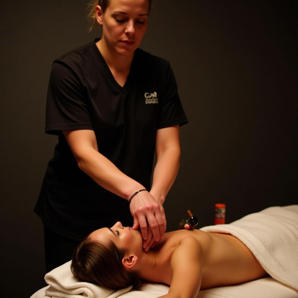 A therapist performing an aromatherapy massage on a client in a dimly lit spa room. The focus is on the therapist's hands and the client's relaxed posture.