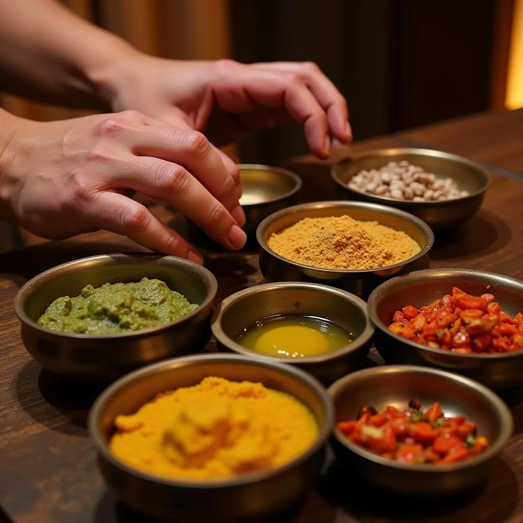 An Ayurvedic practitioner prepares for a treatment