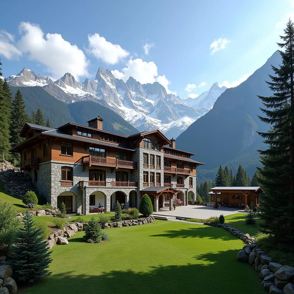 Exterior view of Asia Health Resort and Spa nestled in the Himalayan mountains