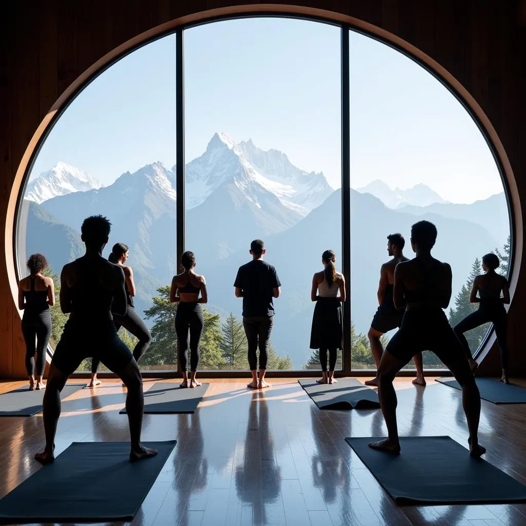 Guests participate in a yoga session overlooking the Himalayas