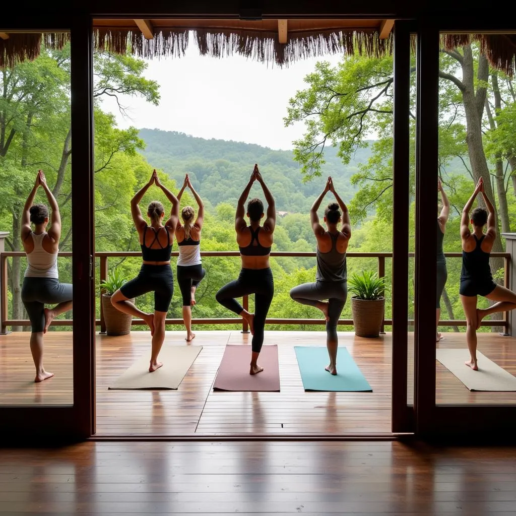 Guests participating in an outdoor yoga session at Atmantan