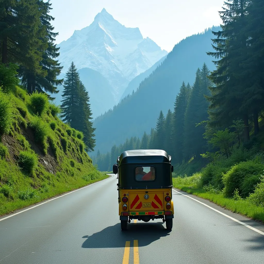 Auto-rickshaw navigating a scenic route in Manali